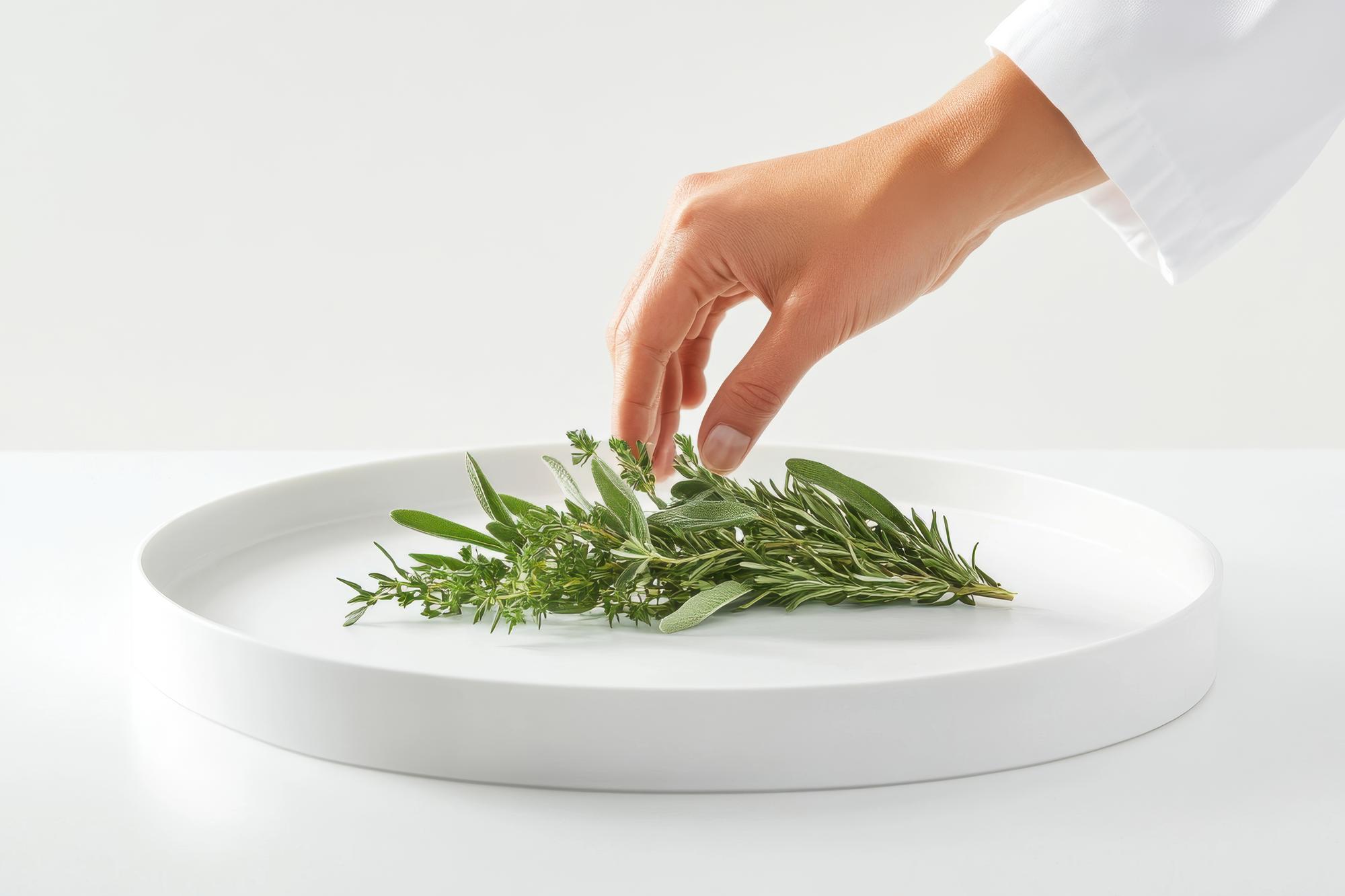 Close-up: hand sprinkling finishing herb over a dish